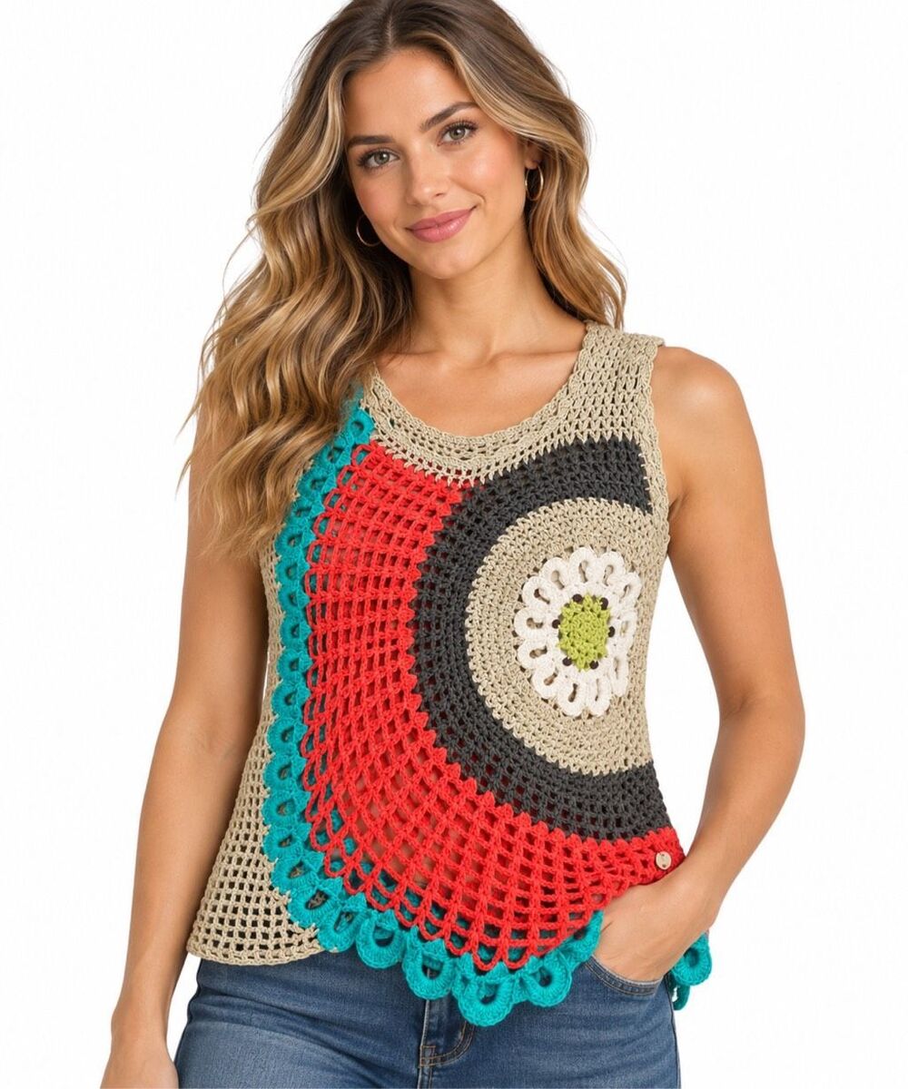 Pure Handknit Sheer Crochet Art to Wear Boho Tank Top Size L/XL